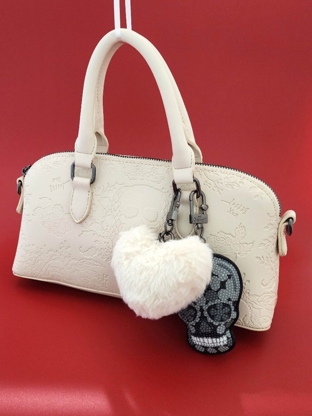 White Skull Floral Satchel Purse with Plushie Charms
